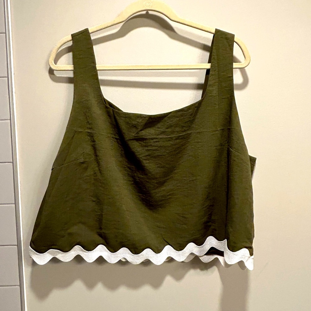 NWT Olive Green Sleeveless Crop Top with White Trim + Matching skirt set